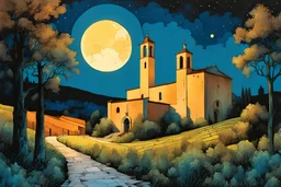 create a wildly abstract illustration of an old Italian village church, with highly detailed stonework, surrounded by ancient Lombardy poplar trees, in the hills of Tuscany under a harvest moon at midnight , in the comic book art style of Bill Sienkiewicz, and Jean Giraud Moebius, finely textured, drawn, colored, and inked