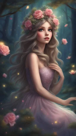 Painting of a beautiful girl, beautiful, haunted forest, flowers on her head, glitter dress, young girl, digital painting, fantasy art, pretty face, inspired by Thomas Kinkade, anime portrait, barbie face, big eyes, bright eyes, dream, trees, forest background, dark night, song, glitters background, fantasy, high quality, 8k