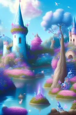 bellissimo largo panorama fatato, azzurro chiaro, con con fata, unicorno, gnomi fiori , castello, con sfondo di fiori e piante, fiume