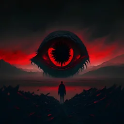 a large ominous red eye watching a person roam a desolate deep black landscape