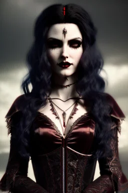 Smirking gothic vampire, waist up portrait, gloomy, 8k resolution, intricate details, ornate details, soft lighting, vibrant colors, retroanime, masterpiece, intricate eyeliner, dark eyeshadow, eyes, intricate tattoos, Medieval background