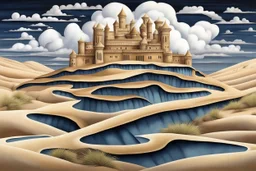 a hidden palace in undulating sand dunes, storm clouds, by artist "Kate Lycett",by artist "Escher"