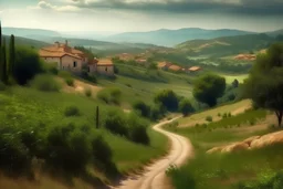 realistic catalonia Landscape. Raw road going steep up with old little town in the background far far away. View from this road down