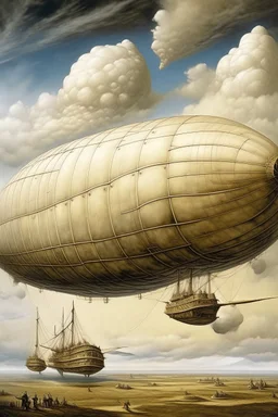 A white airship with bombs in the cloudy sky painted by Leonardo da Vinci