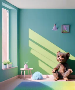 Realistic child room scene. sweet big furry monster sitting. girl from behind. Steven Spielberg style. Red hair, smile, happy, gradient color fog. highly detailed, concept art, unreal engine 5, ray tracing, RTX, lumen lighting, ultra detail, volumetric lighting, 3d, finely drawn, high definition, high resolution.