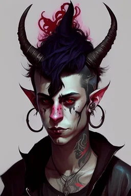 As tiefling teenage boy, he has lots of tattoos and demon horns, he is punk, goth and handsome