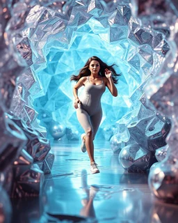 make a picture pretty cave made of crystal and metallic 3d fractal recursive cubic and sphere base structures and a beautiful fashion model lady with cute,curvy long hair,makeup, in pretty sports suit is running inside cave ,dynamic camera fallow her inside cave capturing full body, dynamic lights.