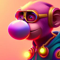 pixar style anamorphic cute cyberpunk monkey baby, smiling,gangsta gold neckless, full body, magenta puffer jacket, manila city backdrop, dramatic lighting, hyper realistic, unreal engine 5, 16k