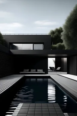 Fachada de casa mínimalista de color negra con piscina