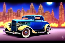 a true-to-life 1932 ford coupe deluxe, centered, intricate, extreme detailed, photorealism, center view, city background, pivot on ford, pen and color marker, painting by cheryl kelley