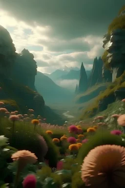 Un valle entre altas montañas que flotan, flores gigantes, seres antropomorfos extraños viven entre la vegetación, el clima es húmedo, film de animación