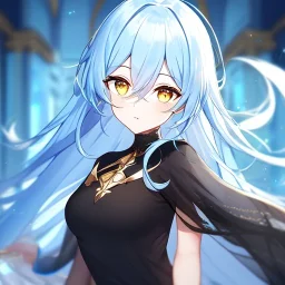 Clear focus, High resolution, Long light blue fluffy hair, hair between eyes, yellow eyes, wearing black fabric shorts, detailed outfit, blue and black outfit, gold accessory