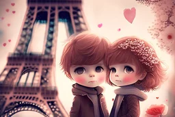 cute chibi mahogany haired girl with a short, silver haired boy, Eiffel tower, heart and love, flowers in Paris, ethereal, cinematic postprocessing, bokeh, dof