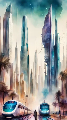 Dubai city view in fantasy cyberpunk style with famous tram, watercolour