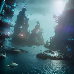 futuristic city under the sea , fish swimming around, neptune, highly detailed, cinematic, ultra photorealistic, ultra realistic, volumetric lighting