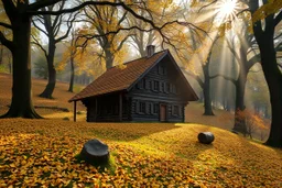 A Austrian wooden house in a mystery hilly oak forest in autumn, yellow orange leaves on ground, moist in air, early morning, sun streaks, dense vegetation, gnomes