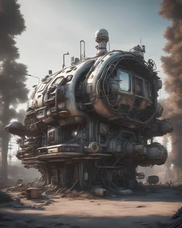 Futuristic gadget house made with engine parts and wires dysoptia cyberage HAWKEN postapocalyptic dysoptia scene photorealistic uhd 8k VRAY highly detailed HDR