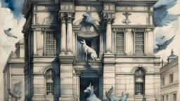 Painting of a sculpture in front of a building, with a monochromatic color palette. The sculpture is a winged female figure, and the building is classical in style with numerous windows. The painting features soft, diffuse lighting, and the composition is balanced. The texture is rough and grainy. It's raining cats and dogs.
