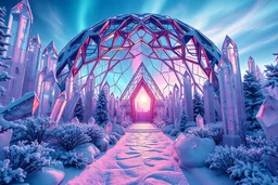 Futurist crystal architecture, beautiful garden and transparent giant crystals with snow, clusters of crystal, snowflakes, dome, sideral gate, northern lights, sun, blue pink colors, 4k, realistic photography