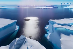 Extreme long shot, Birds Eye view, Antarctica skyline, smooth, god rays, unreal engine 5, ray tracing, RTX, lumen lighting, ultra detail, volumetric lighting