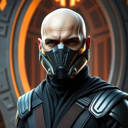 star wars bald male corellian jedi wearing gunmetal grey and black old republic armored flightsuit and breath mask with gold and metallic red trim inside the jedi temple, centered head and shoulders portrait, hyperdetailed, dynamic lighting, hyperdetailed background, 8k resolution, volumetric lighting, light skin, fully symmetric details