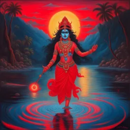 An oil painting of goddess Kali crossing a lake, neon red colors