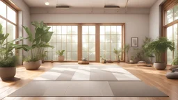 A serene yoga studio with large windows letting in natural light, bamboo flooring, and soft, neutral-toned walls. Yoga mats are laid out neatly, and potted plants are placed around the room, adding a touch of greenery. The atmosphere is calm and inviting, perfect for meditation and relaxation. Ultra realism, beautiful intricate insanely detailed octane render, 5d, 16k, perfect lighting, chiaroscuro, award-winning photograph, masterpiece, rule of thirds, adjust perspective