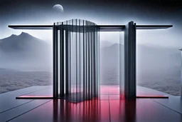 a surreal shimmering open glass gate in a glass wall with a view of a desolate landscape, fog, night, infrared filter, strong contrasts, by artist "Leonora Carrington",by artist "Zaha Hadid""