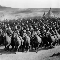 [very impressive high res masterpiece in Kodak Eastman 5247, scene by László Krasznahorkai] On reaching it the chariots were parked with military precision on the four sides of the enclosure, and half a score of warriors, headed by the enormous chieftain, and including Tars Tarkas and several other lesser chiefs, dismounted and advanced toward it. | could see Tars Tarkas explaining something to the principal chieftain, whose name, by the way, was, as nearly as | can translate it into English, Lo