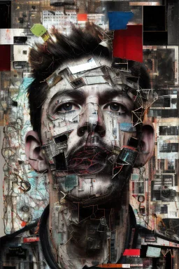 Ultra detailed medium portrait painting of a man, bended and hands in hair, giving up, broken, dark and chaos background,torn up collage of clippings, broken circuitry background, matrix effects, punk visual art, punk art aesthetic, graffiti art, pop surrealism, collage art, cluttered paint glitches