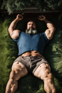 close up, aerial top view shot photography of an ugly 41 year old beefy big robust burly turkish carpenter , relaxing in the meadow, , hands behind the head , wearing bulging shorts, shirtless, hairy chest, manly chest, manly legs, serious, very virile, short beard, shaved hair,, , in a sunny day, photorealistic , photorealistic