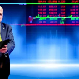 Volumetric NYSE floor scene, Jim Cramer stock trader inverted, expert, NYSE scene