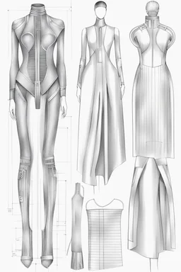 fashion illustration, draw sketches, overall from silver threads, microchip fashion, dress of the future, sci-fi dress