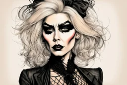 create a caricature of Debbie Harry as a savage, sullen, gothpunk vampire girl with highly detailed and refined facial features and hair, clothed in an ornate Gothic rags and fishnet stockings, in the caricature cartoon style of Gerald Scarfe and Ralph Steadman, precisely drawn, boldly inked, vividly colored, 4k