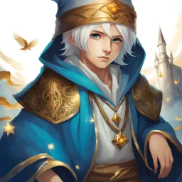 Fantasy World, A boy only wearing a closed wizards robe, and wearing a wizards hat. White Hair. Golden Eyes