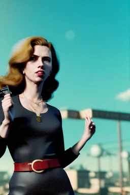 retro portrait image from 1960, Moscow background, wind, long red hair, fighting stance, sweet young Scarlett Johansson, classic black tight lycra suit, weapon, gold bracelet and belt, high heel boots, soft color, highly detailed, unreal engine 5, ray tracing, RTX, lumen lighting, ultra detail, volumetric lighting, 3d, finely drawn, high definition, high resolution.