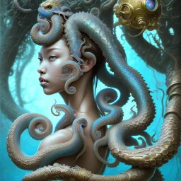 Sango fantasy, fantasy magic, intricate, sharp focus, illustration, highly detailed, digital painting, concept art, matte, art germ and Paul Lewin and Kehinde Wiley, masterpiece Japanese dancer head bronze octopus' Asian African girl nice breast Thai hair turquoise silver blue under water