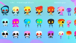 Cute chibi-style bony skeleton, cartoony, colorful, exaggerated, simplified, adorable