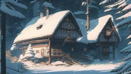 studio ghibli, a house, snow, woods,