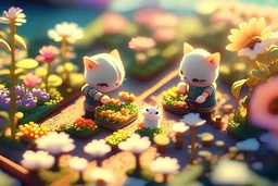 top view of a miniature flower farm scene with cute chibi anime gardener cats tending to the flower fields S<AI in sunshine, photorealistic, 3D, ethereal, cinematic postprocessing, bokeh, dof