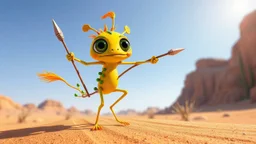 a funny little creature that dance in a desert, the creature is yellow and green, have big eyes and long legs, he likes to dance and jump with his spear