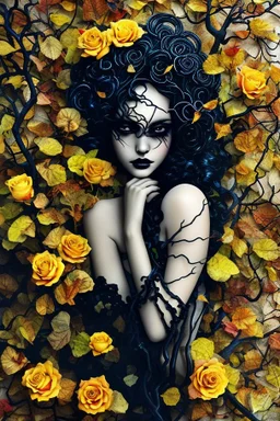 abstract creation of a beautiful girl with black curly hair, surrounded by black roses, thick metal chain broken, glass petals on the ground, autumn colours,dried out thorn bush, chaos,