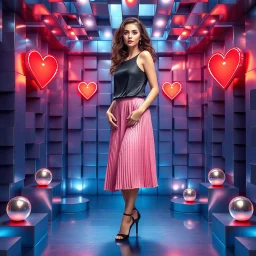 make a picture pretty stage made of metallic blue-gray teme 3d recursive cubic and sphere and heart simbol lights s base structures and a beautiful fashion model lady standing with cute in scene with sexy top and pretty pleated midi skirt ,makeup curvy long hair,dynamic camera zoom to full body and pan, dynamic lights.
