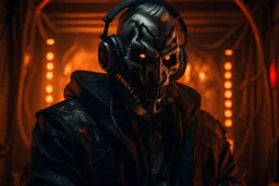 Portrait animateur radio masqué diable cyberpunk, incendie en arrière plan