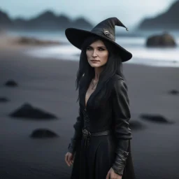 corey feldman as a female witch on a black sand beach ,bokeh like f/0.8, tilt-shift lens 8k, high detail, smooth render, down-light, unreal engine