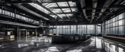 interior of abandoned airport terminal, liminal space, subliminal vibe, steely cold colors of deep ultraviolet, steel gray, beige and black, sporadic tint ink leaks, perfect verticals, amazing parallels