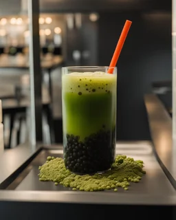 filling the frame we are looking into a tank filled with matcha green bubble tea, dark tapioca pearls along the bottom against the glass, ice floating at top, no fish, no outside of tank