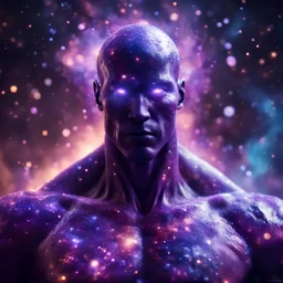 a colossal muscular godlike blurred faceless humanoid figure with transparent body made of swirling galaxies and nebulae, piercing glowing purple eyes, sharp focus, high contrast, dark tone, bright vibrant colors, cinematic masterpiece, shallow depth of field, bokeh, sparks, glitter, 16k resolution, photorealistic, intricate details, dramatic natural lighting