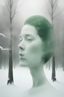 anachronistic double exposure, surreal portrait and snowy landscape mix, snow and trees, sculptural solidity, minimalism, light-silver emulsion, muted green and soft white, photography