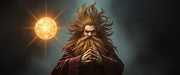 fearful dwarven priest with wild standing hair, expert holding up a floating radiant Painite crystal rosette ball shooting radiant light through the fog, folded hands